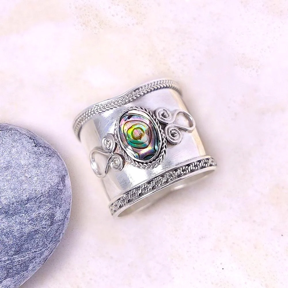New Gorgeous 925 Silver Abalone Bali-Style Filigree Ring